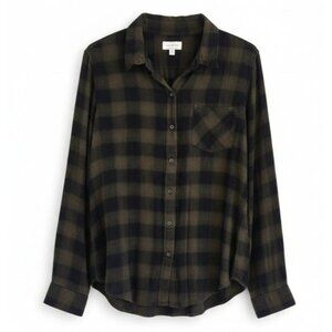 Lucky Brand Womens Plaid Button-Up Shirt S/P Black & Olive Flannel Long Sleeve